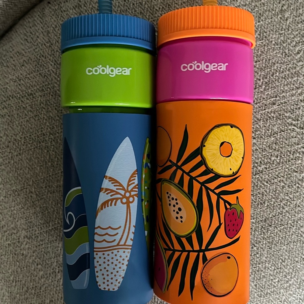 2 Coolgear 24oz plastic insulated water bottles surf boards tropical fruits